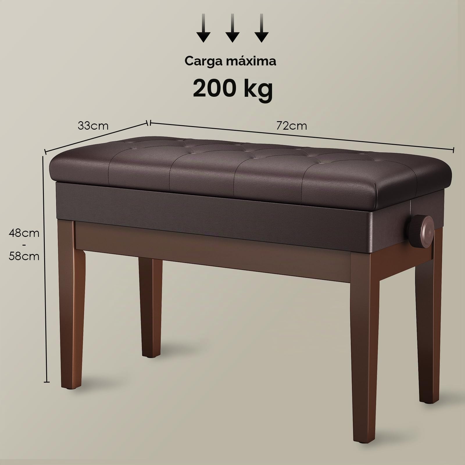 MAMIZO Banqueta Piano Regulable Altura 72x33x58CM, Banco Piano con Espacio Almacenamiento, Silla Piano, Banqueta Piano Carga Máxima 200KG, 4 PCS Patas Piano Madera Maciza, Marrón Oscuro