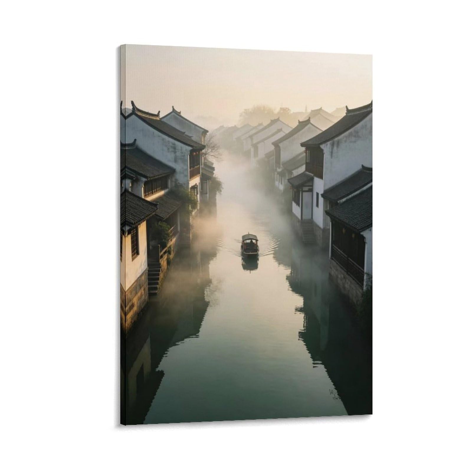 IEJKLUVWX Misty Canal Boat Wall Pictures Foggy Riverside Dwelling Fade-Resistant Moisture Resistant Durable for Bathroom Sofa Background Home Decor Lover Original 12x18inch(30x45cm)