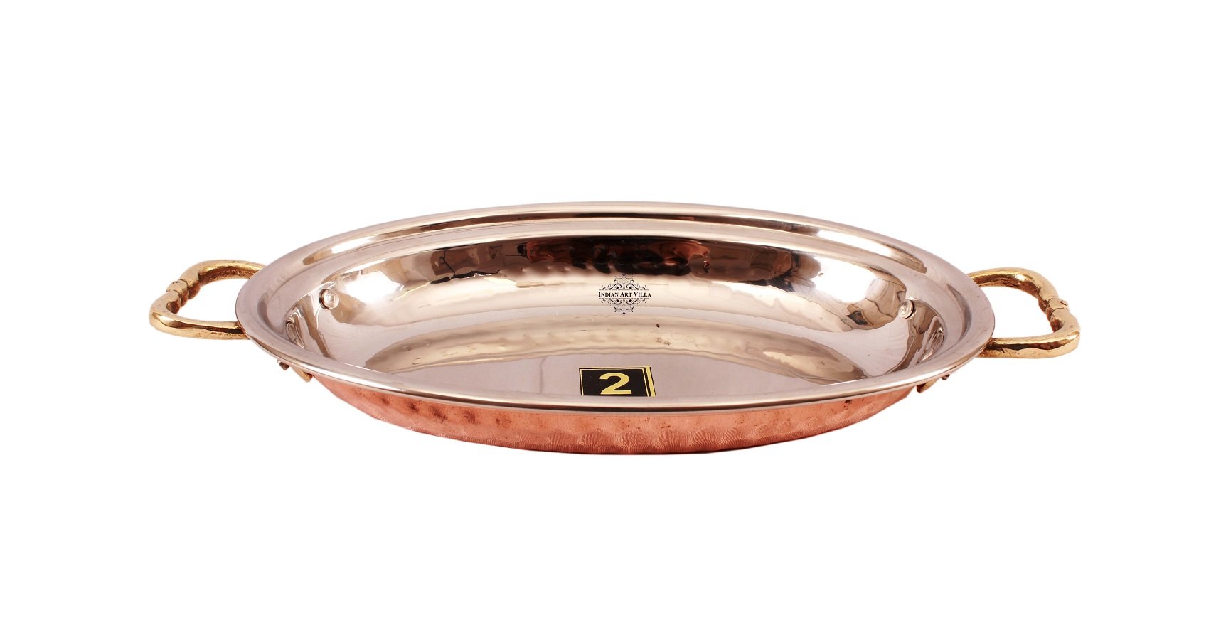 INDIAN ART VILLA 5.8" X 8.5" X 1.0" Steel Copper Dish Serving Oval Platter with Brass Handle 400 ML - Home Hotel Restaurant Tableware