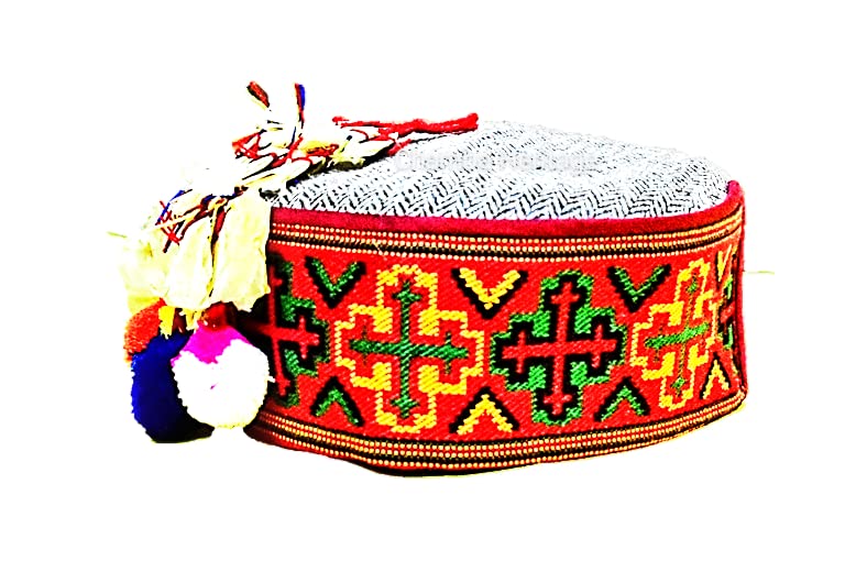 Image of CHAMBA HERITAGE Cotton Unisex Traditional Himachali Cap /Pahadi Topi with Attachable Sacred Flower + 03 Multicolour, Large