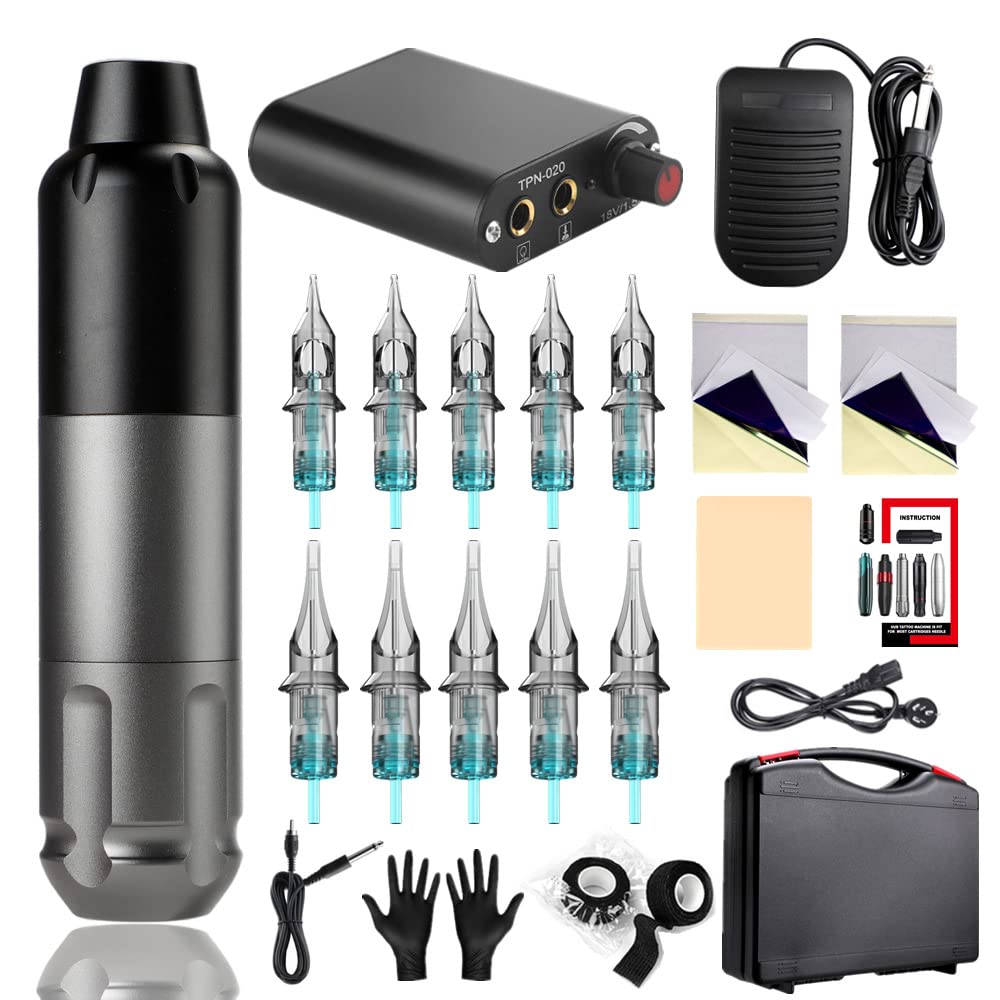 Tattoo Pen Kit,Permanent Tattoo Makeup Gun,Complete Rotary Tattoo Machine kit with Power Supply 10pcs Tattoo Needles Cartridges Foot Pedal and Carry Case Tattoo Supplies