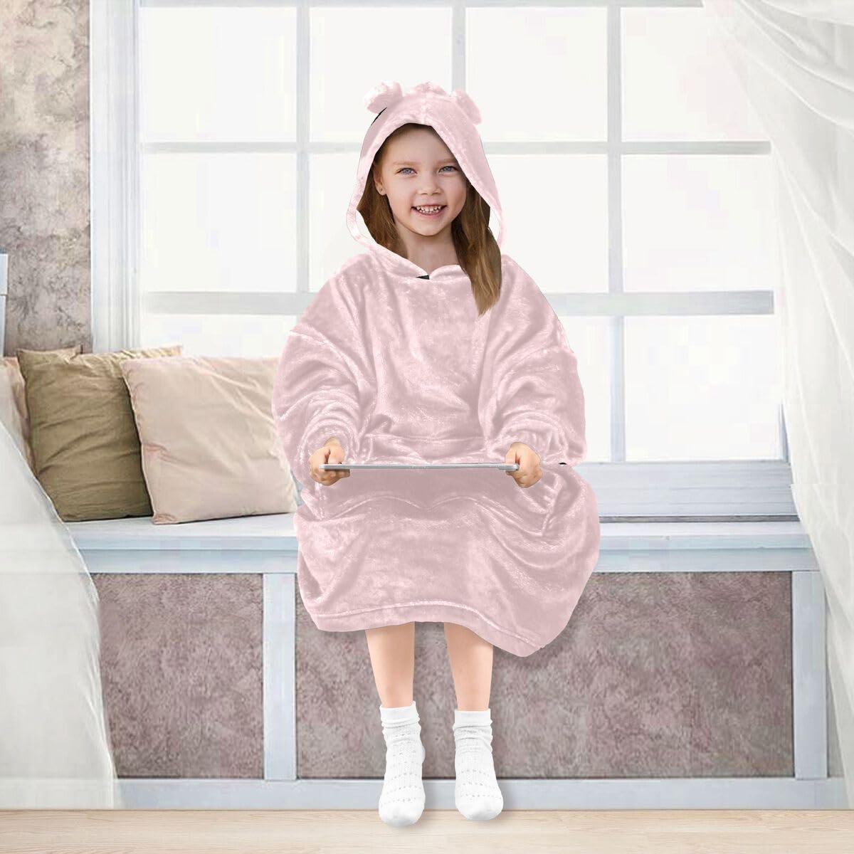 Różowa szachownica dziecięcy koc do noszenia bluza z kapturem oversize bluza koc sweter abstrakcyjny wzór w kratkę dla chłopców i dziewcząt w wieku 3-14 lat