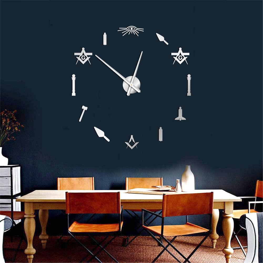 The Geeky Days Masonic Symbols DIY Mirror Wall Sticker Large Clock Freemasonry Home Living Room Decor Watch Freemason Mason Wall Art Giant Silent Quartz Clock Masonry Gift(Silver