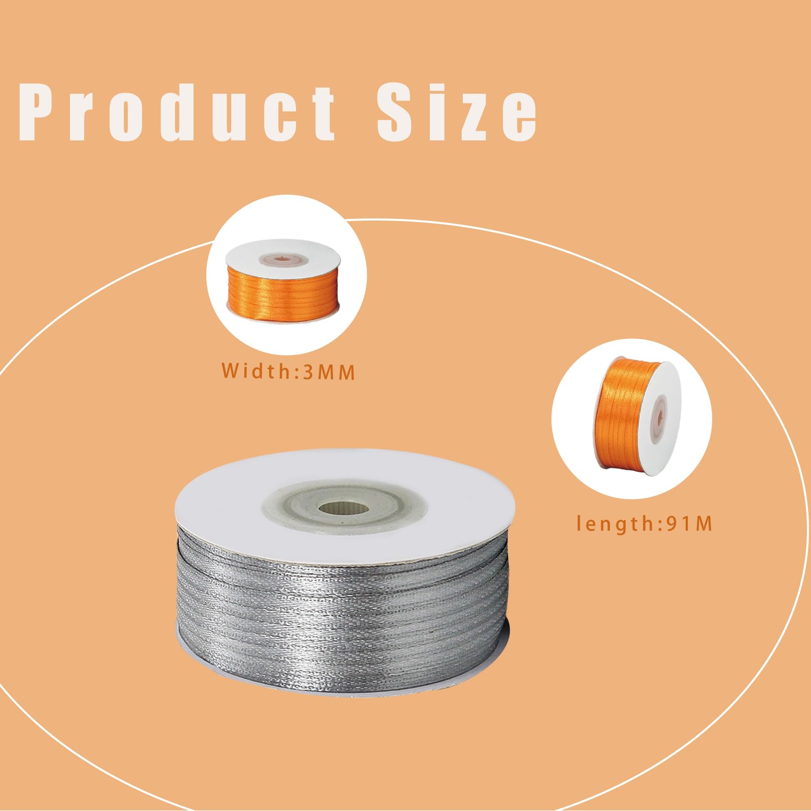 Thin Silver Gray Satin Ribbon 3mm for Gift Wrapping 91m Long, Balloon, Cake, Silk Thick Ribbon for Crafting Christmas - Image 2