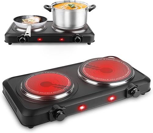 Miniatura 1 de Quemador doble infrarrojo para encimera, placa eléctrica de 2000 W con placa de cocción de vidrio de cerámica de 7.5 pulgadas, temperatura continua