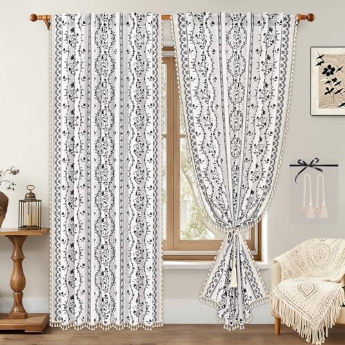 Image of Yinhua Boho Curtains for Living Room 84 Inch Length Vintage Linen Curtains for Bedroom Light Filtering Floral Window Curtain Rod Pocket & Back Tabs Rustic Tassel Drapes with Tiebacks, White Black