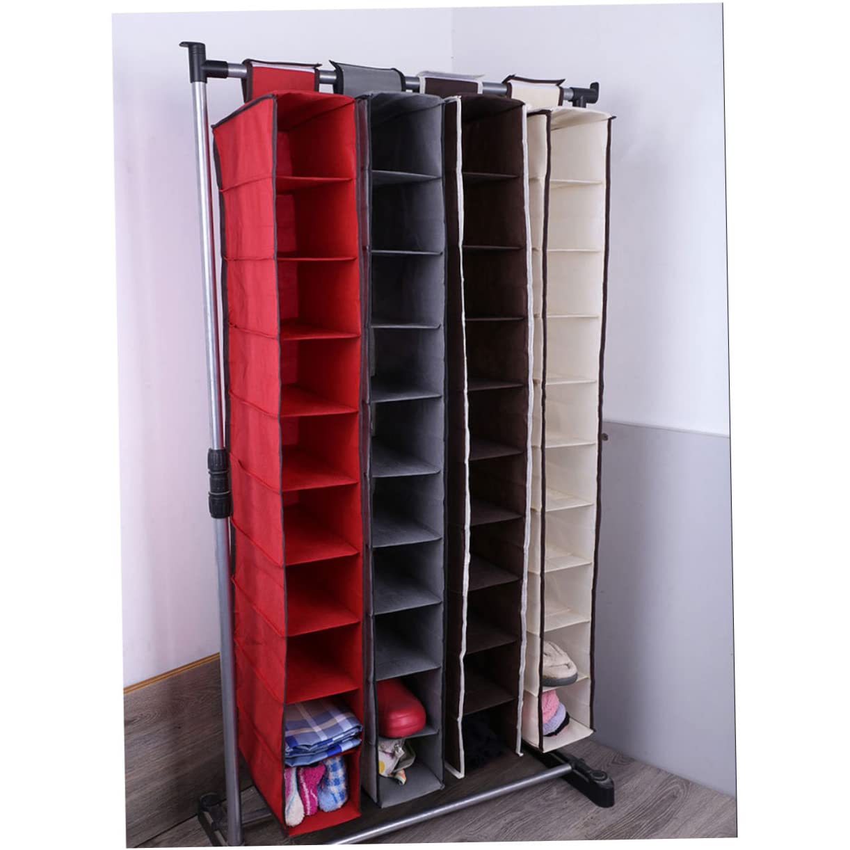 MUCKLILY Foldable Hanging Pouch Non Woven Fabric Storage Organizer for Home Space Saving Wardrobe Bag Beige for Clothes Shoes Accessories