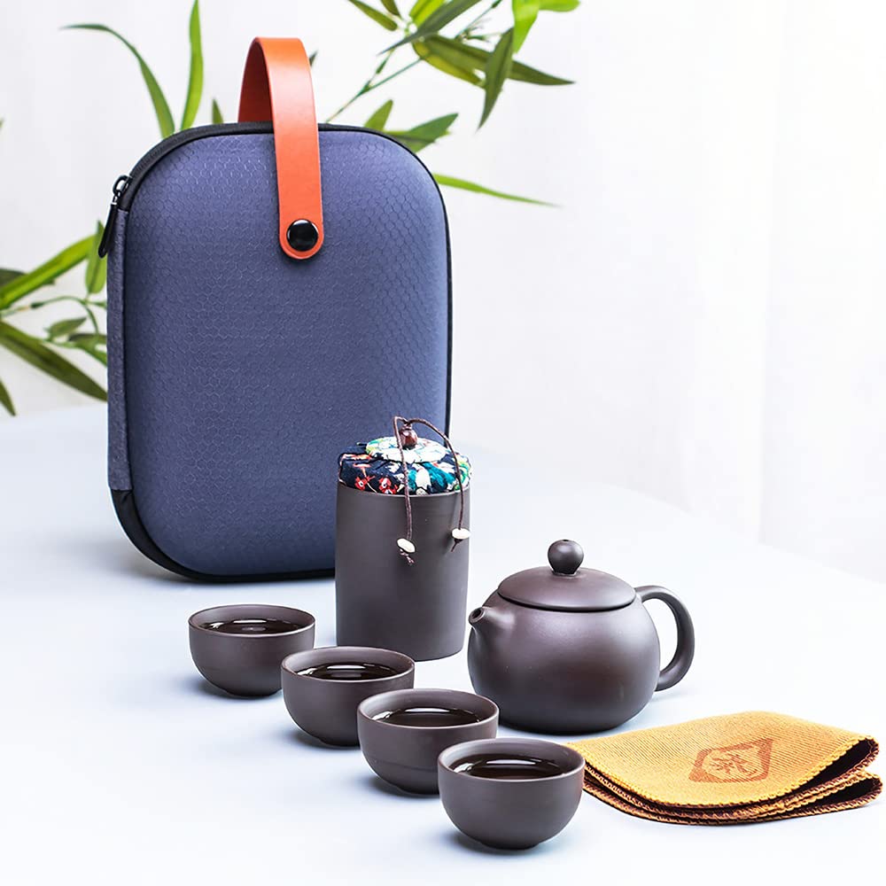 Juego de Té 7 Piezas Cerámica China Servicio de Té Pequeño con Tetera de 130ml y 4 Tazas de Té de 30ml Juego de Té Portátil para Viajes como Regalo