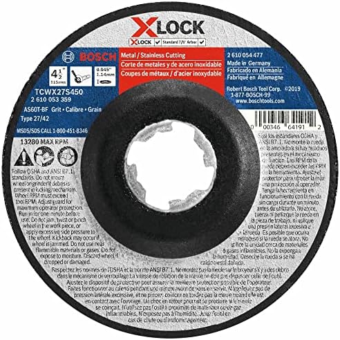 BOSCH TCWX27S450 4-1/2 In. x .045 In. X-LOCK Metal/Stainless Fast Cutting Abrasive Wheel 60 Grit Compatible with 7/8 In. Arbor Type 27A (ISO 42) for Applications in Metal, Stainless Steel Cutting