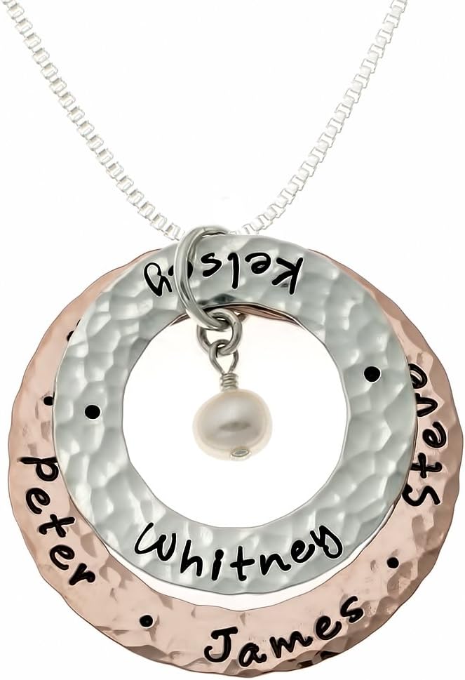 AJ's Collection Happy Family Mixed Metal Washers Necklace With Customizable Sterling Silver, 14k Gold, and Rose Gold Plated Washers. Includes Sterling Silver Cable, Box, or Ball Chain