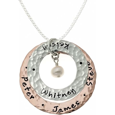 AJ's Collection Happy Family Mixed Metal Washers Necklace With Customizable Sterling Silver, 14k Gold, and Rose Gold Plated Washers. Includes Sterling Silver Cable, Box, or Ball Chain