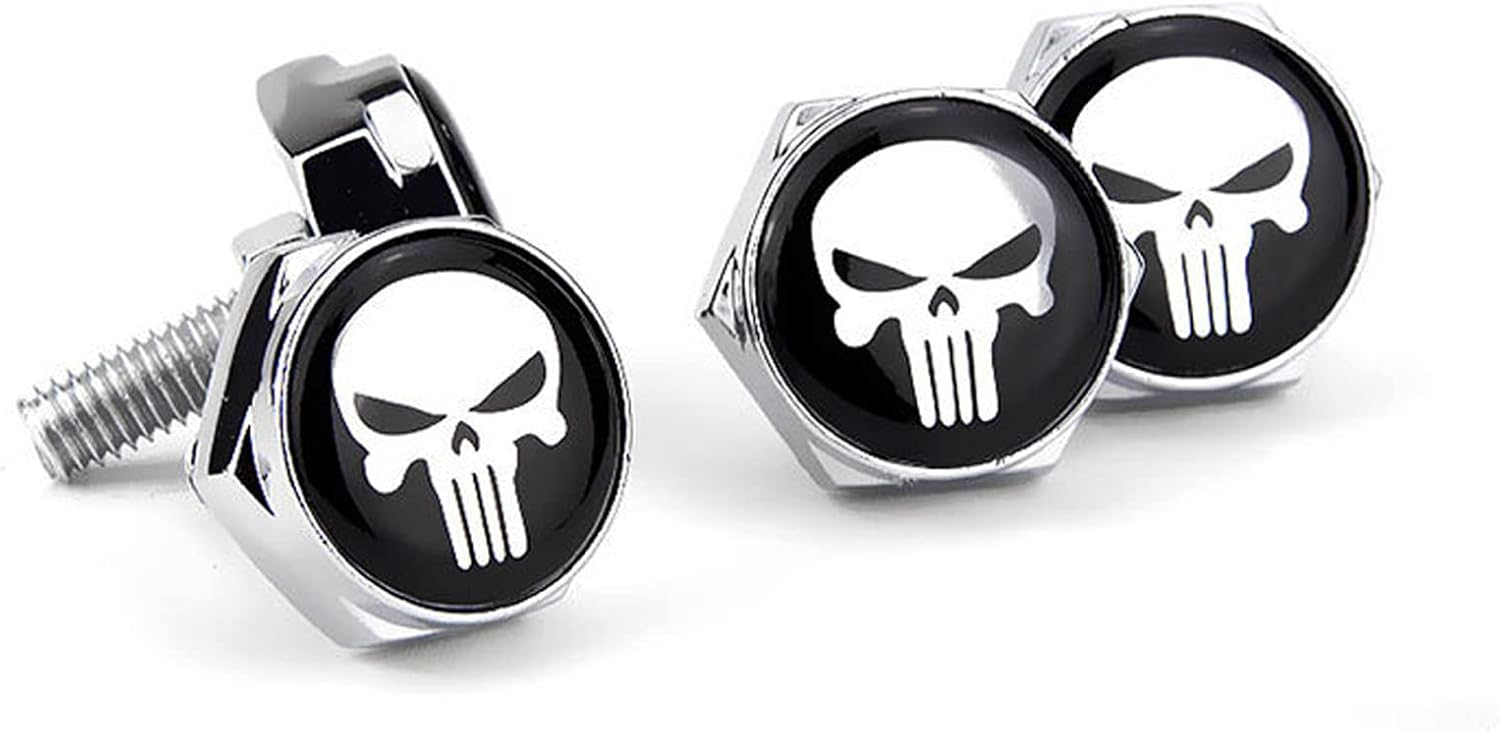 4 PCS License Plate Screw Fasteners, Skull License Plate Screws, License Plate Bolts Decorative Kit, Fit Vehicles Motorcycle Trucks SUV (Silver & White) 4 PCS License Plate Screw Fasteners, Skull License Plate Screws, License Plate Bolts Decorative Kit, Fit Vehicles Motorcycle Trucks SUV (Silver & White)