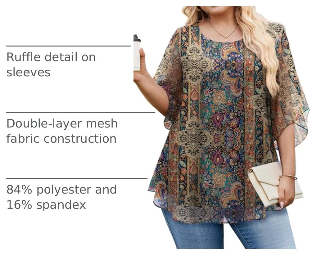 IN'VOLAND Women Plus Size 3/4 Sleeve Tops Dressy Double Layers Mesh Blouses image 4
