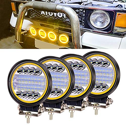 4x96W Foco Led Tractor con Angel Eyes,Faros Trabajo LED 12V 24V Focos de Coche LED Potentes Faros Adicionales Coche Luz de Niebla luz Auxiliar Moto 7200LM para Moto Offroad Tractor SUV Camión Barco