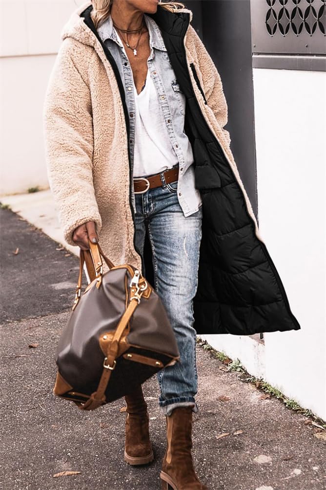 ORANDESIGNE Femme Chauds Manteaux d'hiver Réversible Sherpa Polaire Longues Vestes Bouffantes à Capuche Vêtements D'extérieur