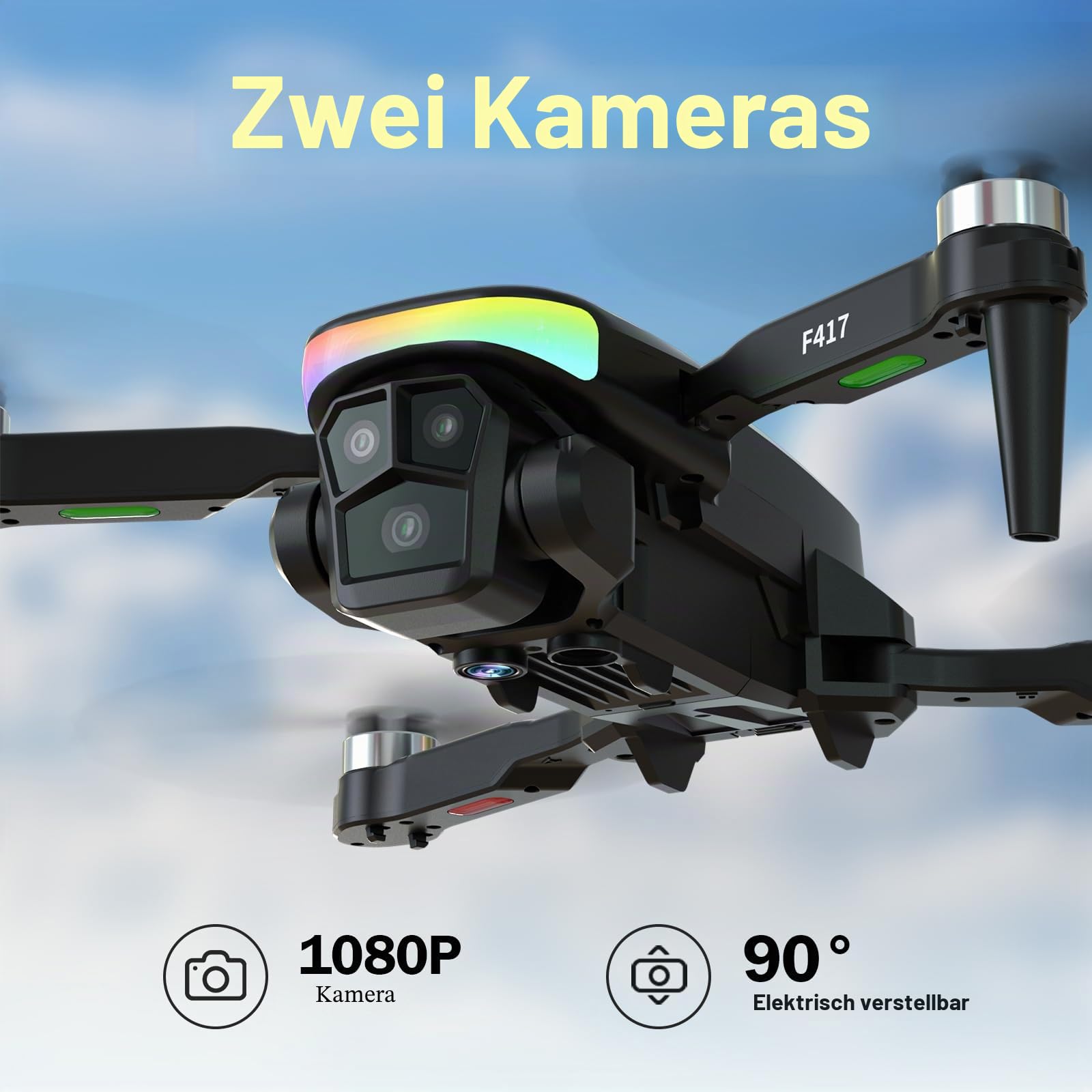 Drohne mit Kamera 1080P für Kinder,90°LED Bunt Lampe Bürstenlosem Drone mit WiFi Übertragung,Kameradrohne outdoor RC Quadrocopter für Jungen Mädchen,Handtasche,FPV Dual Kamera Drones für Anfänger