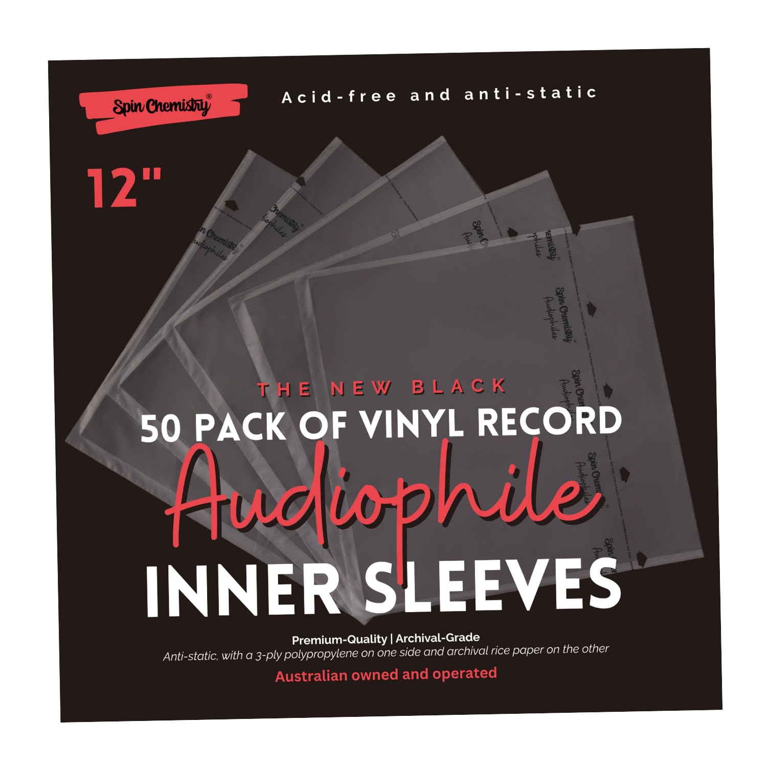 50 Pack of Vinyl Record Inner Sleeves | Archival-Grade Audiophile Range of LP Sleeves (Black) - Black