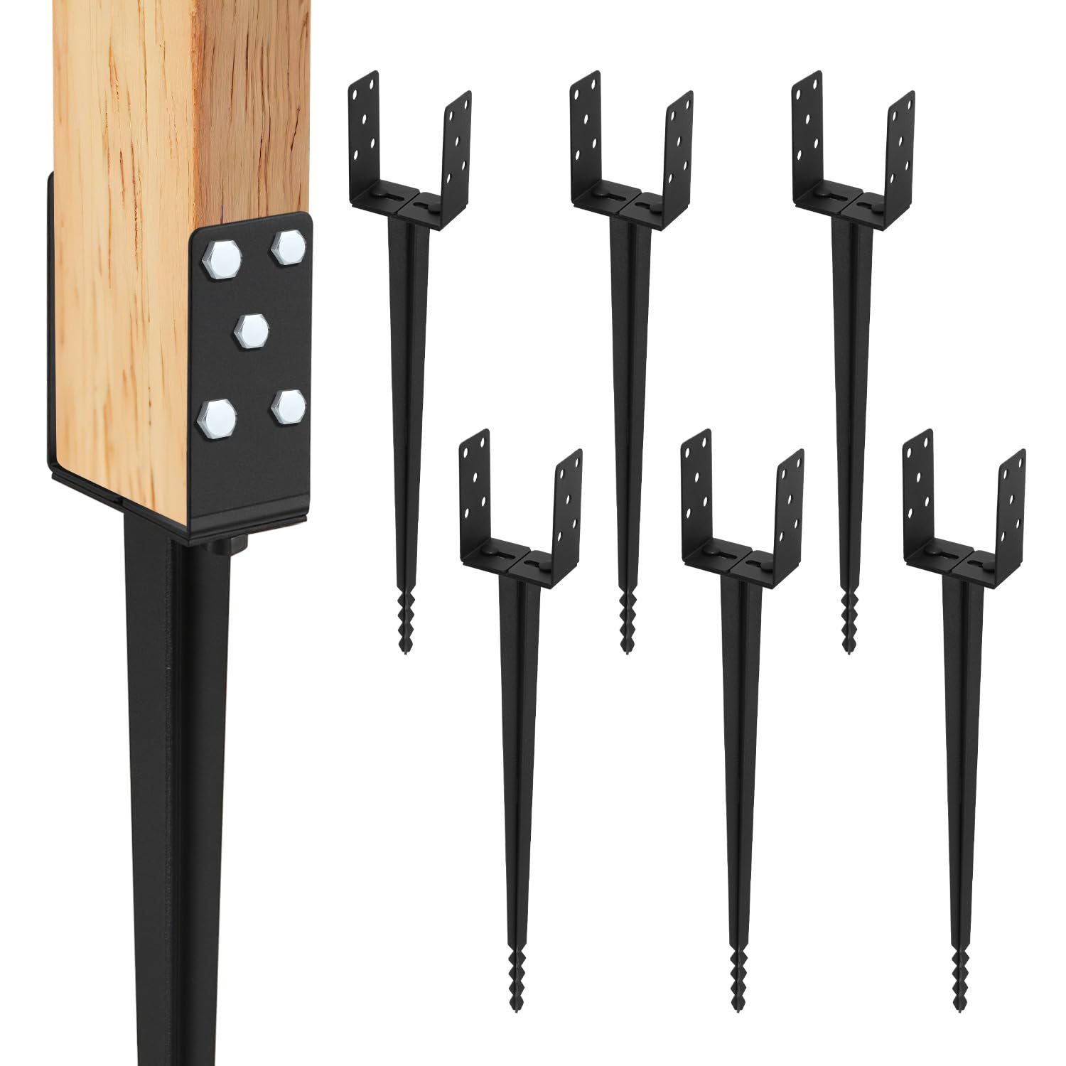 Juego de 6 soportes para postes, casquillos de suelo con base ajustable doble L y punta de diente de sierra – 70 cm, manguito de impacto de hierro, 0-120 mm, negro, para vallas, garajes