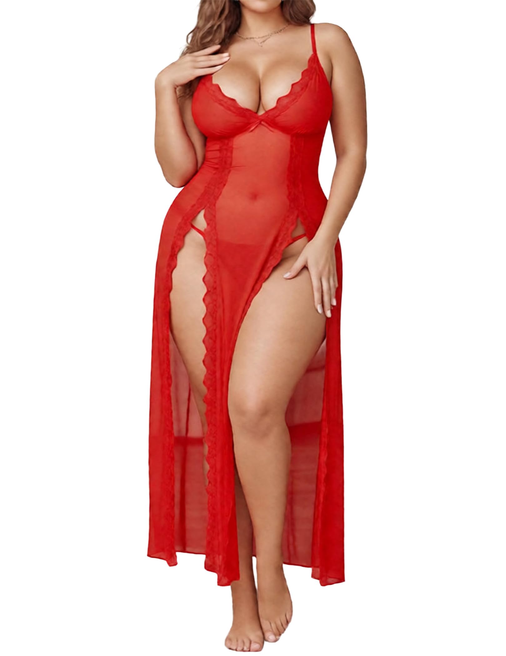 Alrovetoney Women's Plus Size Lingerie Mesh Nightgown Strappy Side Slits