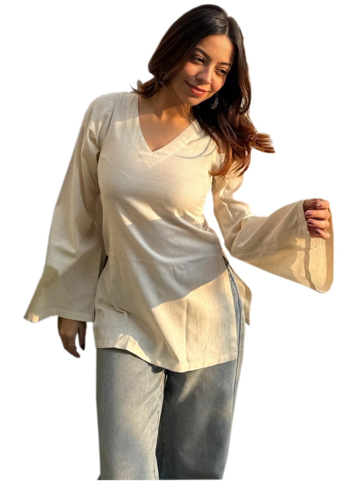 ANNI Designer Women's Viscose Blend Solid Short Kurti (Ayoti Cream_S_Cream_Small)