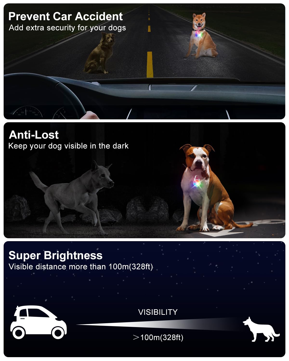 Luci per cani per passeggiate notturne, confezione da 2 pezzi, 4 modalità, luce ricaricabile per passeggiate notturne, luce di sicurezza impermeabile IP68 per corsa, ciclismo, campeggio (bianco)