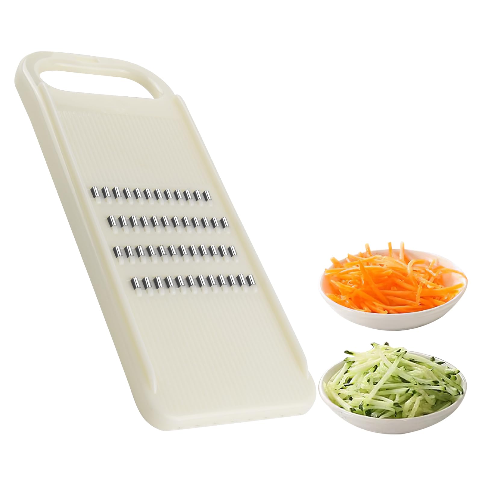 Plastic Grater for Carrot Vegetable Onion Cabbage Potato Cucumber Grater Mandoline Slicer Kitchen Food Shredder Salad Slicer Chips Cutter Strips Chopper Handheld with Stainless Steel Blades White