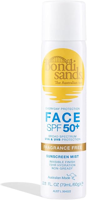 Bondi Sands SPF 50+ Fragrance Free Face Sunscreen Mist | Broad Spectrum UVA & UVB Protection with 72 Hour Hydration, Invisible Finish, Dermatologically Tested, Vegan + Cruelty Free | 79 mL/2.11 Oz