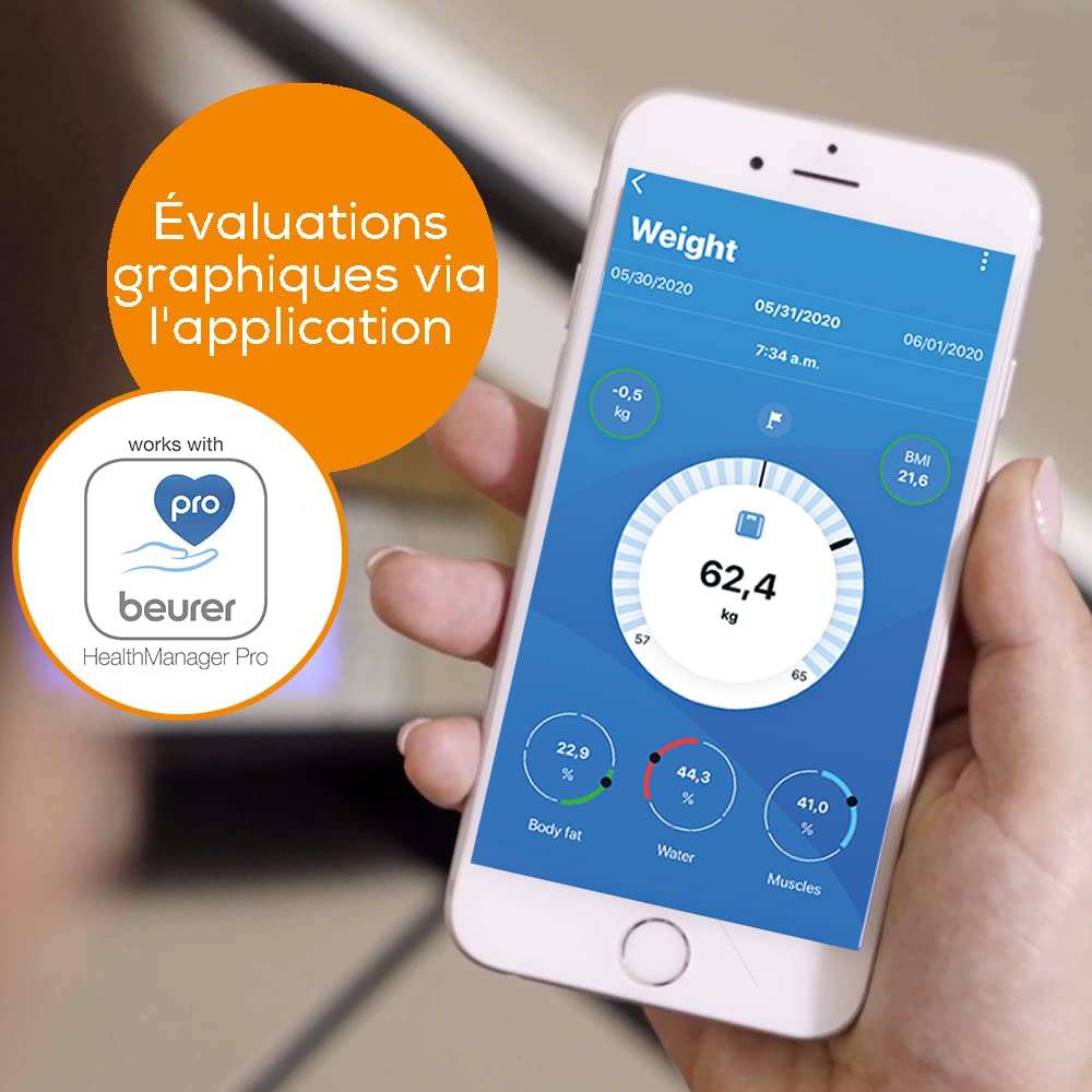 Beurer BF 105 Pèse-personne, Bodycomplete, analyse du corps entier, mesure la graisse corporelle et la masse musculaire, pèse-personne connecté avec application, écran XXL amovible