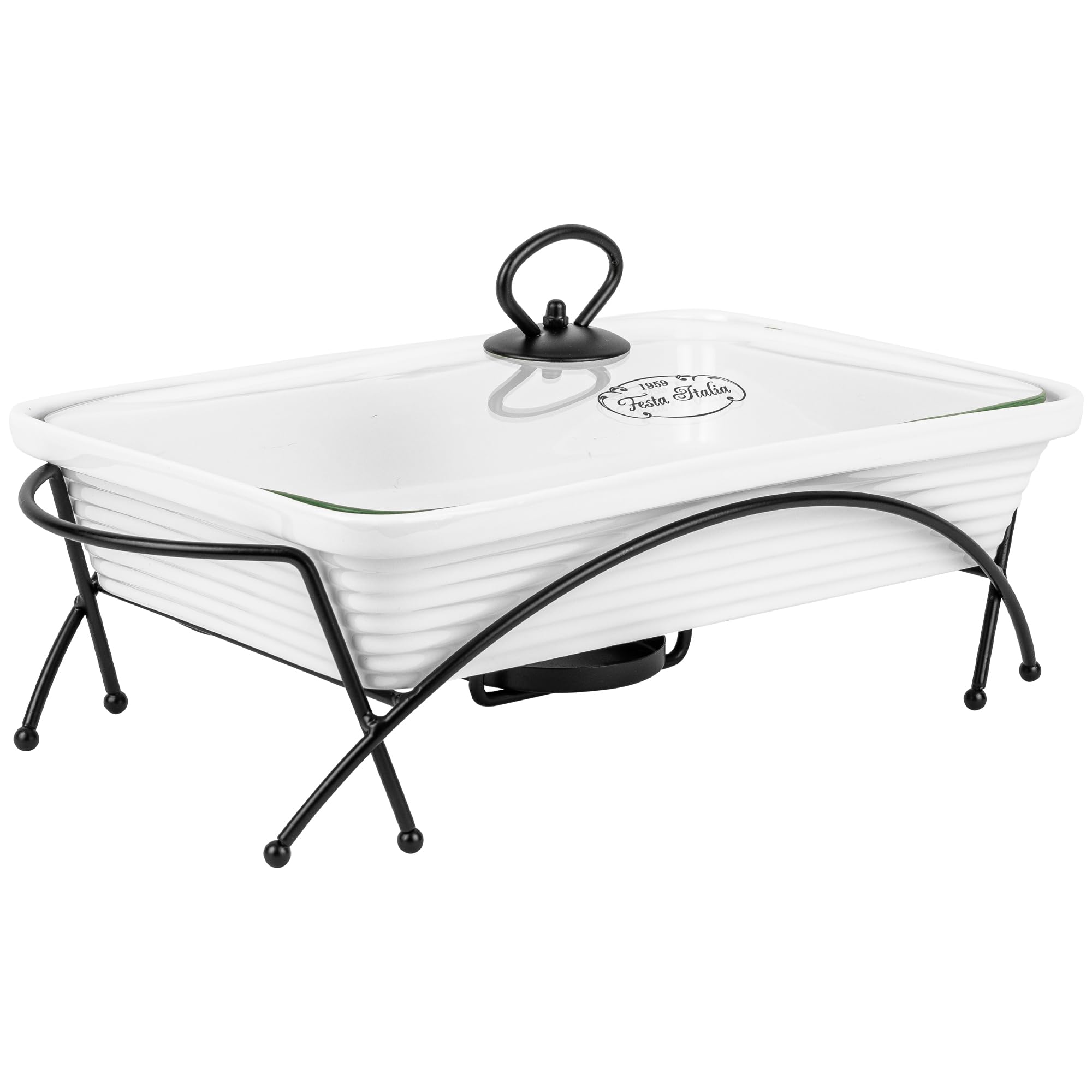 Auflaufform Keramik mit Deckel - 3.5L - Lasagne Rechteckig Form Groß - Weiss Auflaufformen mit Ständer Tealight - Ofenform - Backform - Lasagneform - Casserole Dish - Großkeramik