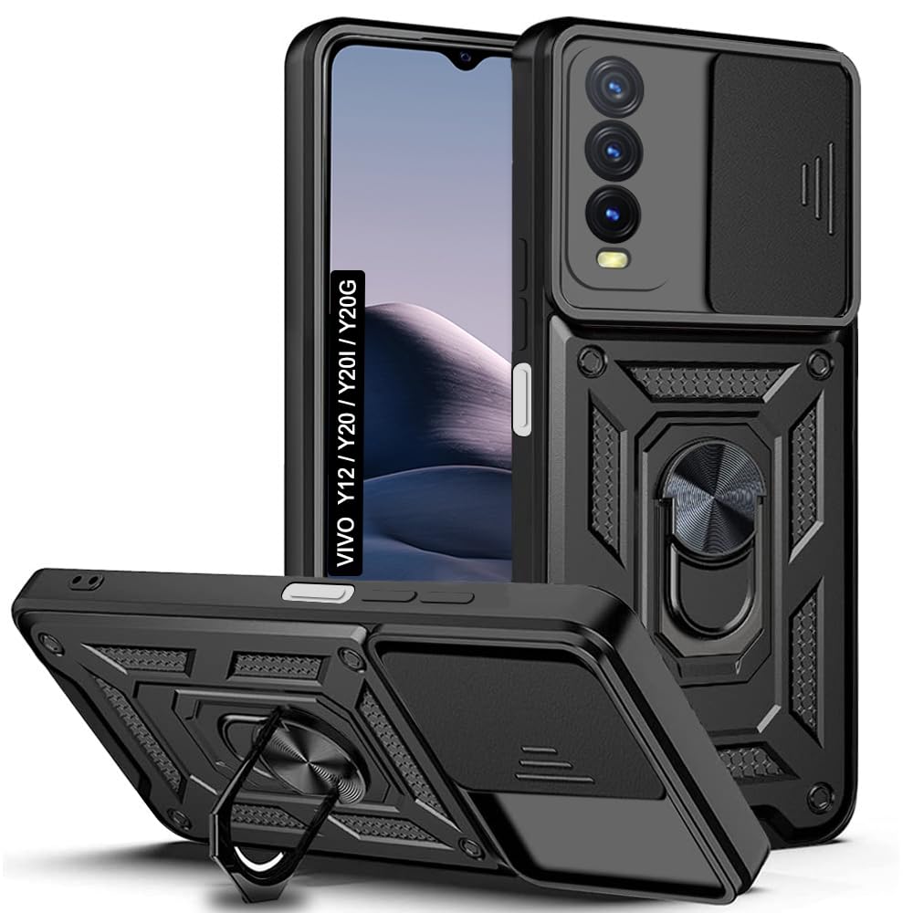 AESTMO Tough Armor Vivo Y12s / Y20 / Y20i / Y20G Bumper Back Case Cover | Ring Holder & Sliding Camera Shield Cover | 360 Degree Protection Back Case Cover for Vivo Y12s / Y20 / Y20i / Y20G (Black)