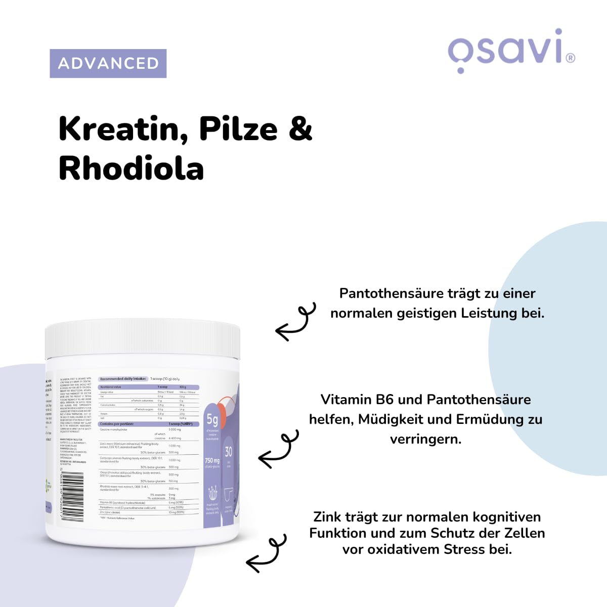 Osavi Kreatin + Pilze & Rhodiola – 300 g Pulver | Kirsche & Erdbeere | Mit Löwenmähne, Cordyceps & Chaga | Steigert die Leistung bei kurzen, intensiven Belastungen | Vitamin B6, B5 & Zink