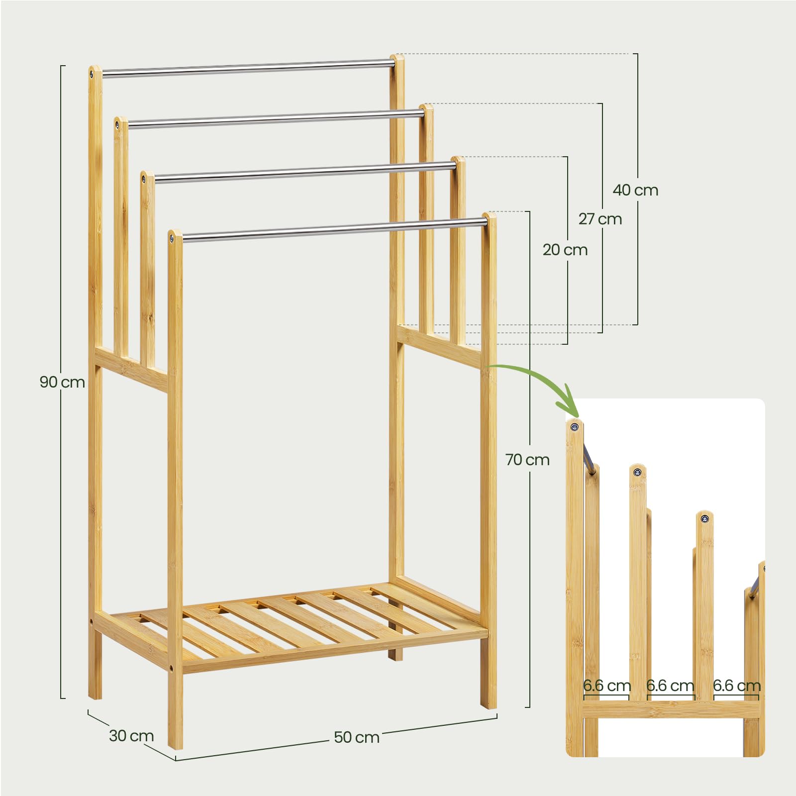 EUGAD Handtuchhalter, Handtuchständer stehend, mit 4 Handtuchstangen aus Edelstahl, 1 untere Ablage, 50 x 30 x 90 cm,für Badezimmer Waschküche Balkon Flur, Bambus