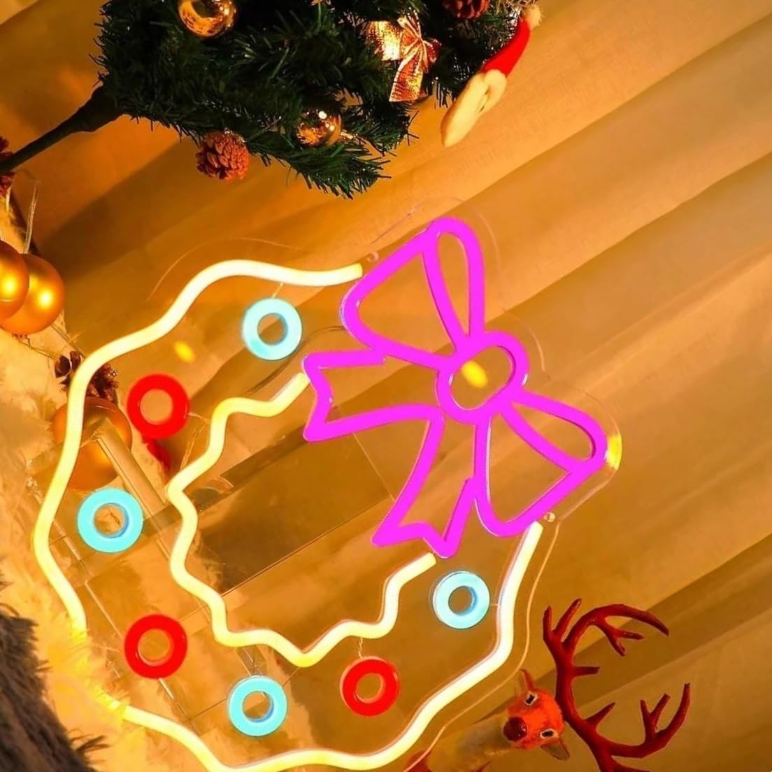 XENITE Luces Art Decoration Christmas Letrero De Neón Merry Wreath Para Decoración De Pared, Lámpara De Pared Alimentada Por USB, Decoración De Habitación Para Bar, Fiesta 32.5x30.9cm