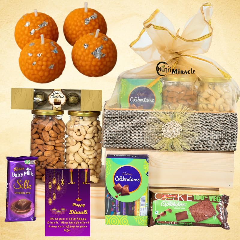 Image of NUTRI MIRACLE Diwali Gift Hamper Dubai Chocolates Dry Fruits Nuts with Laddu Candles for Employees, Parents, Friends