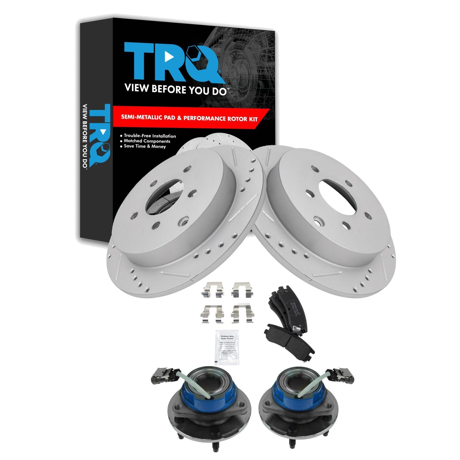TRQ Performance Rear Brake Pad and Rotor Set Semi Metallic G Coated Rotors Compatible with 02-06 Buick Rendezvous 02-04 Chevrolet Venture Oldsmobile Silhouette 01-05 Pontiac Aztek 02-05 Montana