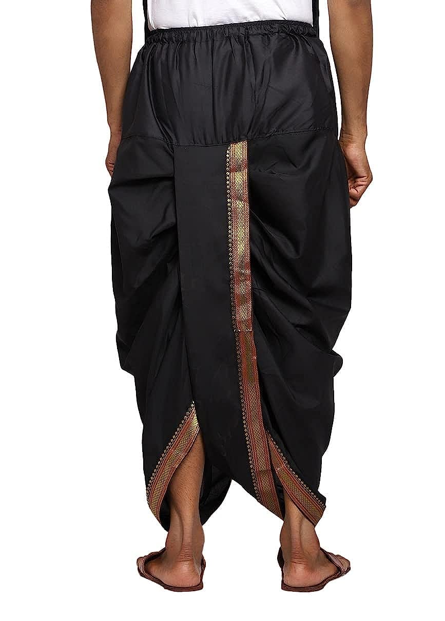 Rameshwaram Fabrics Men's Readymade Elastic Cotton Silk Dhoti for men, Free Size (Ready-to-wear-Dhoti)