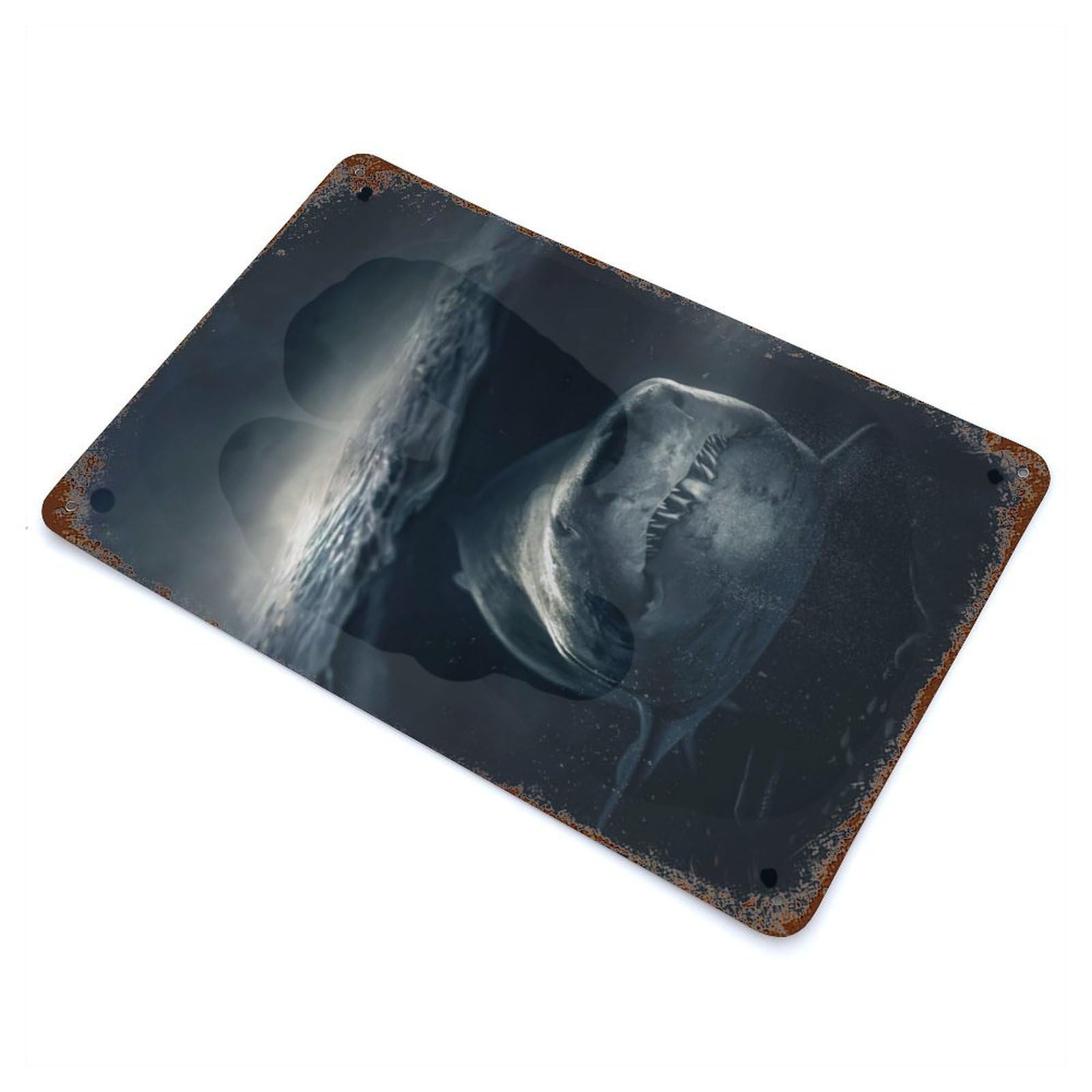Underwater Shark Aged Metal Wall Plaque 11.8"x7.9", Decorative Metal Wall Art for Garage, Pub Or Kitchen