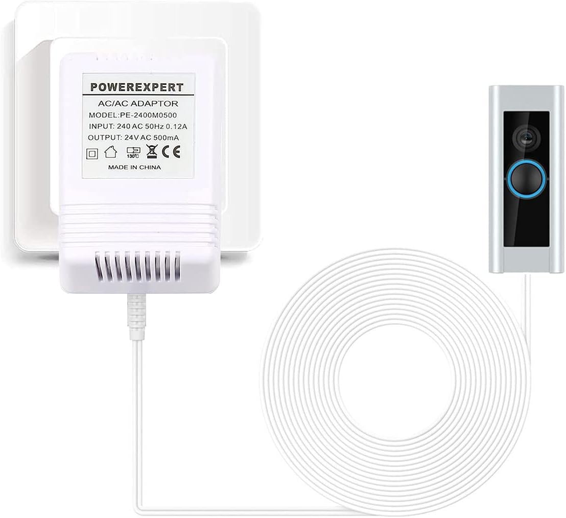 Doorbell Transformer, 24V 500MA White Power Supply Adapter Transformer Cable Smart Home Accessories Compatible for Ring Door Bell Video Doorbell 2 Pro (8M)
