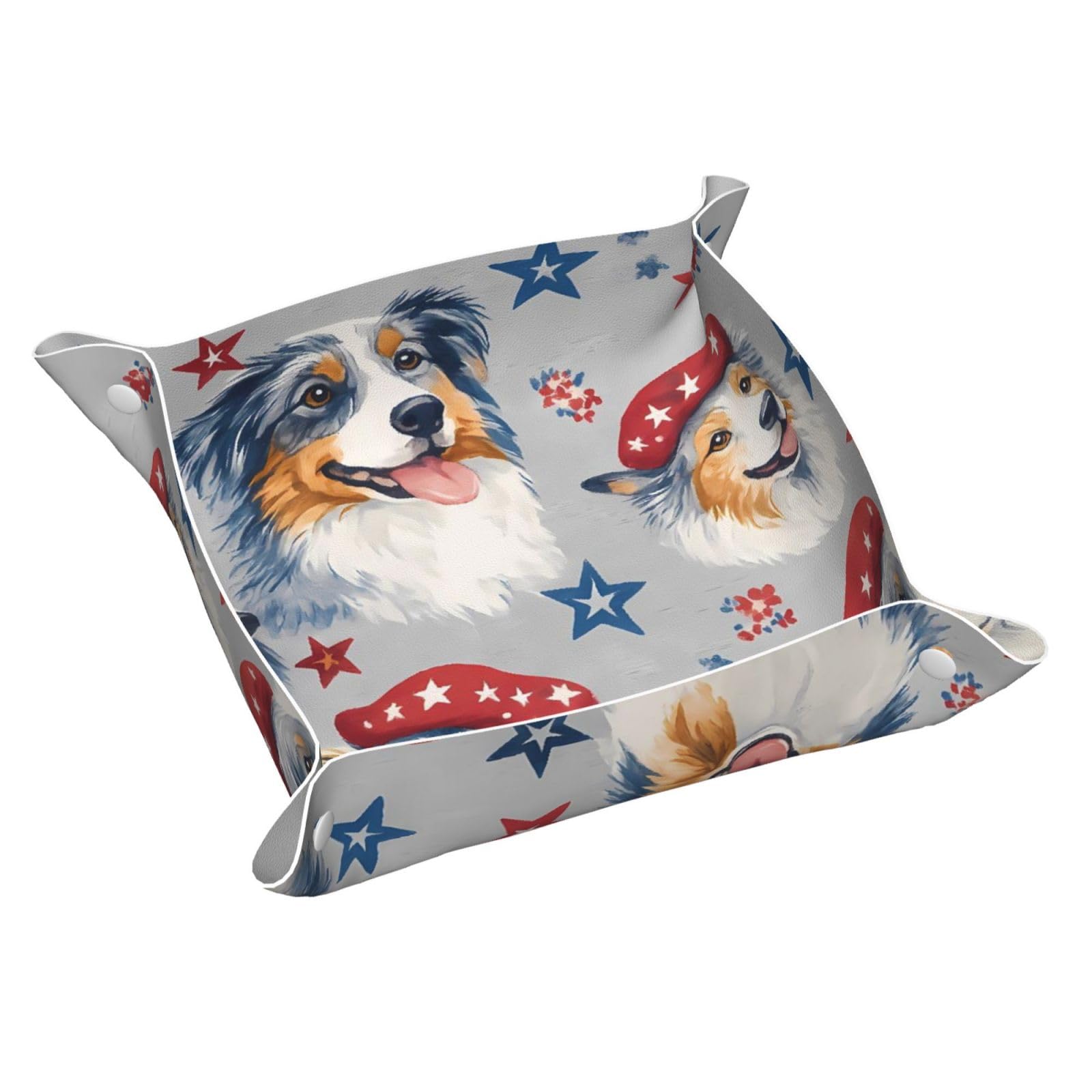 HLBSDM Cute Patriotic Australian Shepherd Tray Men's Leather Valet Parking Portable Entrance Trays Bedside Storage Box