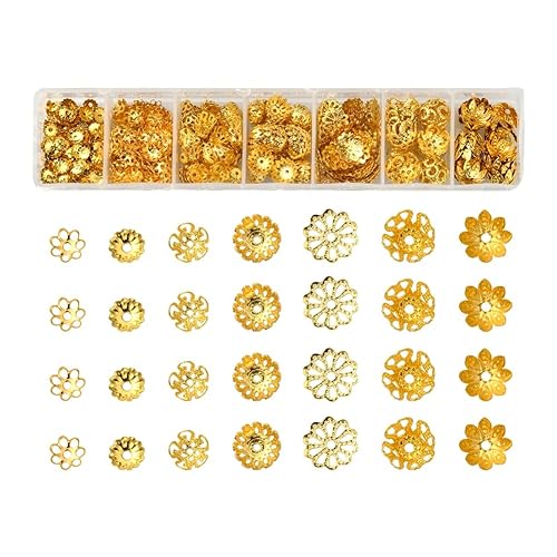 Echoed Elegance 755pcs Iron Bead Caps Flower Charms (7 Styles) - 1mm-1.5mm Hole Golden Plated for DIY Jewelry Making, Earrings & Necklace Craft Supplies - Gold
