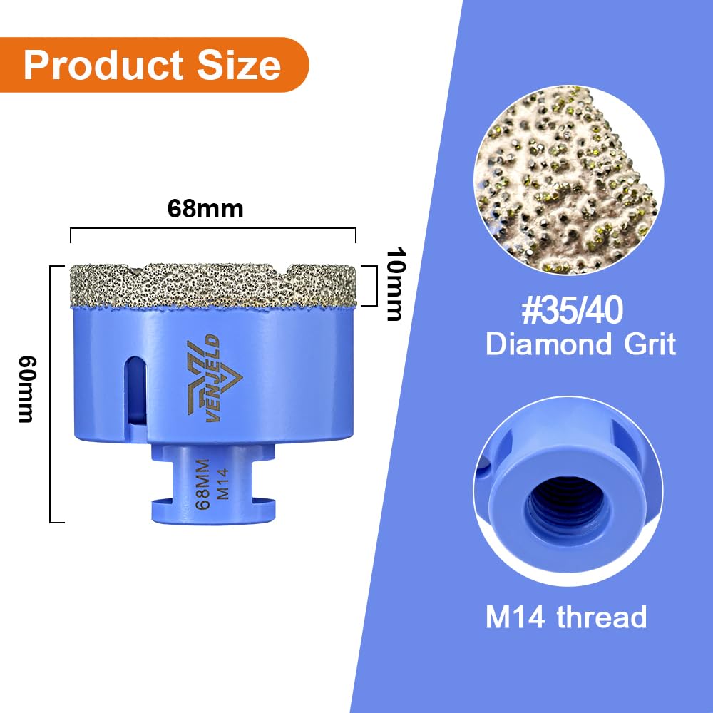 Diamond Tile Drill Bit 68mm Hole Saw with M14 Thread Dry Drilling for Ceramic Porcelain Tile Granite Marble Stone VENJELD - Image 2