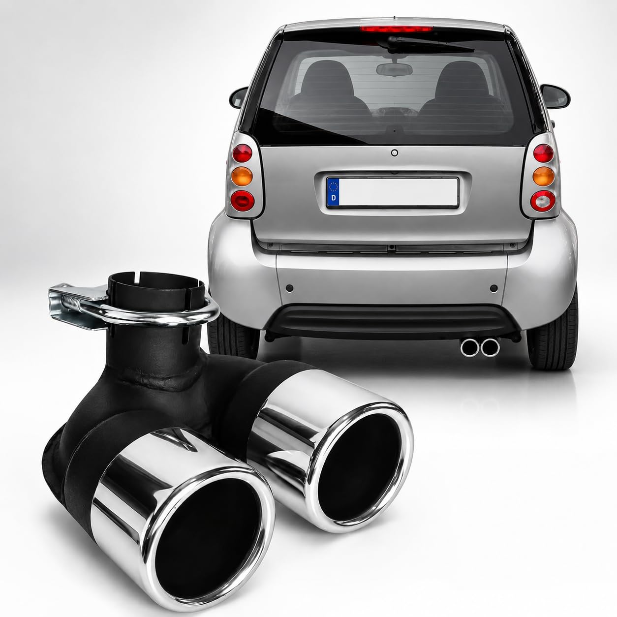 CARTUNER Auspuffblende Doppelendrohr 2x60mm in Sportauspuff Optik für Fortwo Modelle Typ 450 bis Baujahr 04/2007
