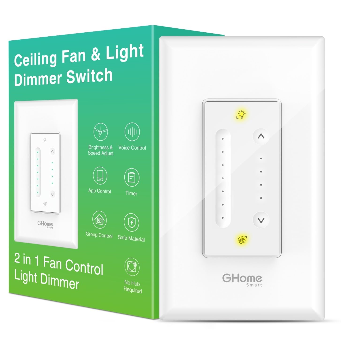 GHome Smart Dimmer Switch with 4-Speed Ceiling Fan Control, Ceiling Fan and Light Switch Combo with Dimmer Compatible with Alexa and Google Assistant,