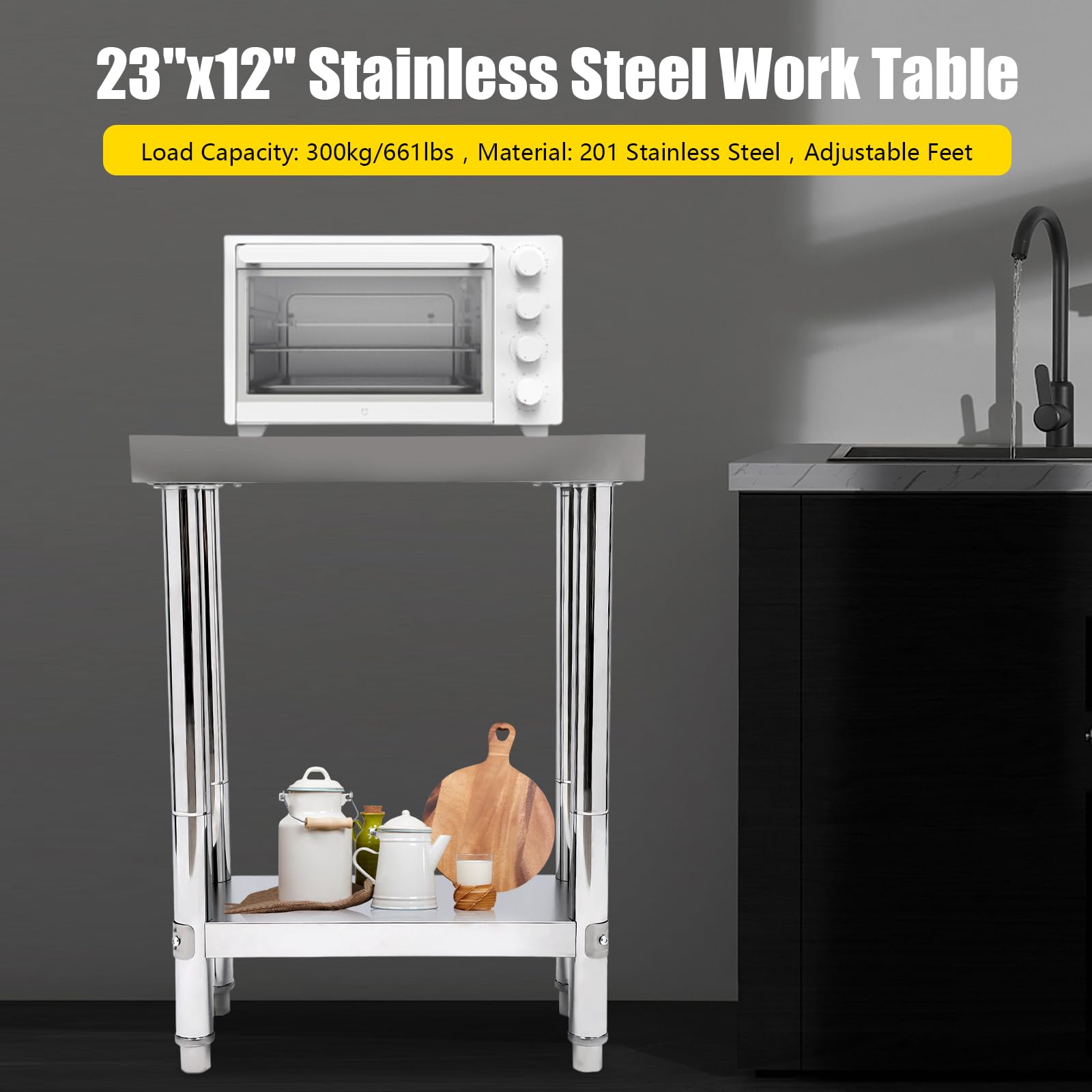 Mesa de trabajo de acero inoxidable para cocina, 60 x 30 x 85 cm, de acero inoxidable, con pies, capacidad de carga máxima de 661 libras, mesa de acero inoxidable al aire libre para la preparación de
