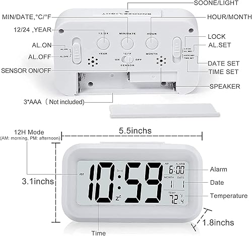 Miniatura 5 de Reloj digital de pantalla de 4.5 pulgadas con pantalla grande, reloj digital de luz nocturna con pantalla de temperatura, reloj despertador con