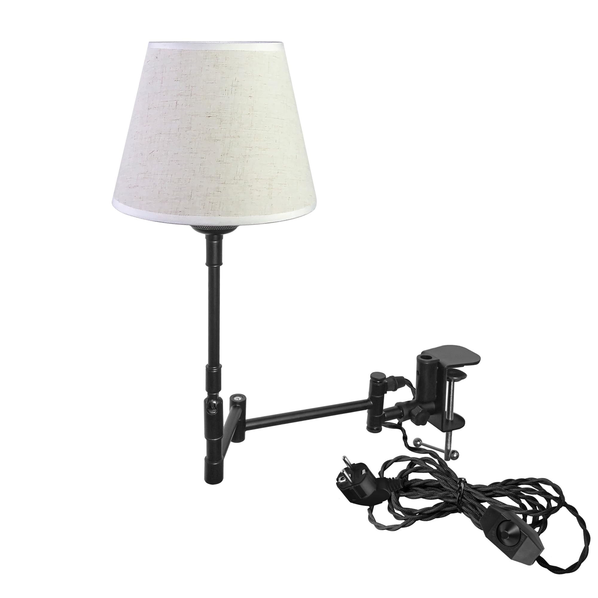 Lampada a morsetto industriale con 2,5 cavi interruttori, clip regolabile su lampada da lettura da scrivania, lampada da comodino, dimmerabile, con braccio flessibile, per scrivania, comodino