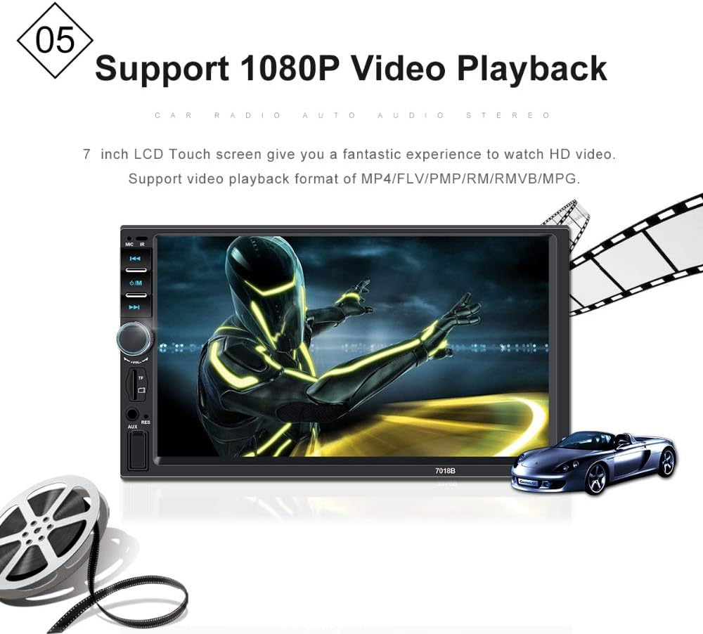 Car stereo displaying a high-definition video, with film reel and sports car graphics.