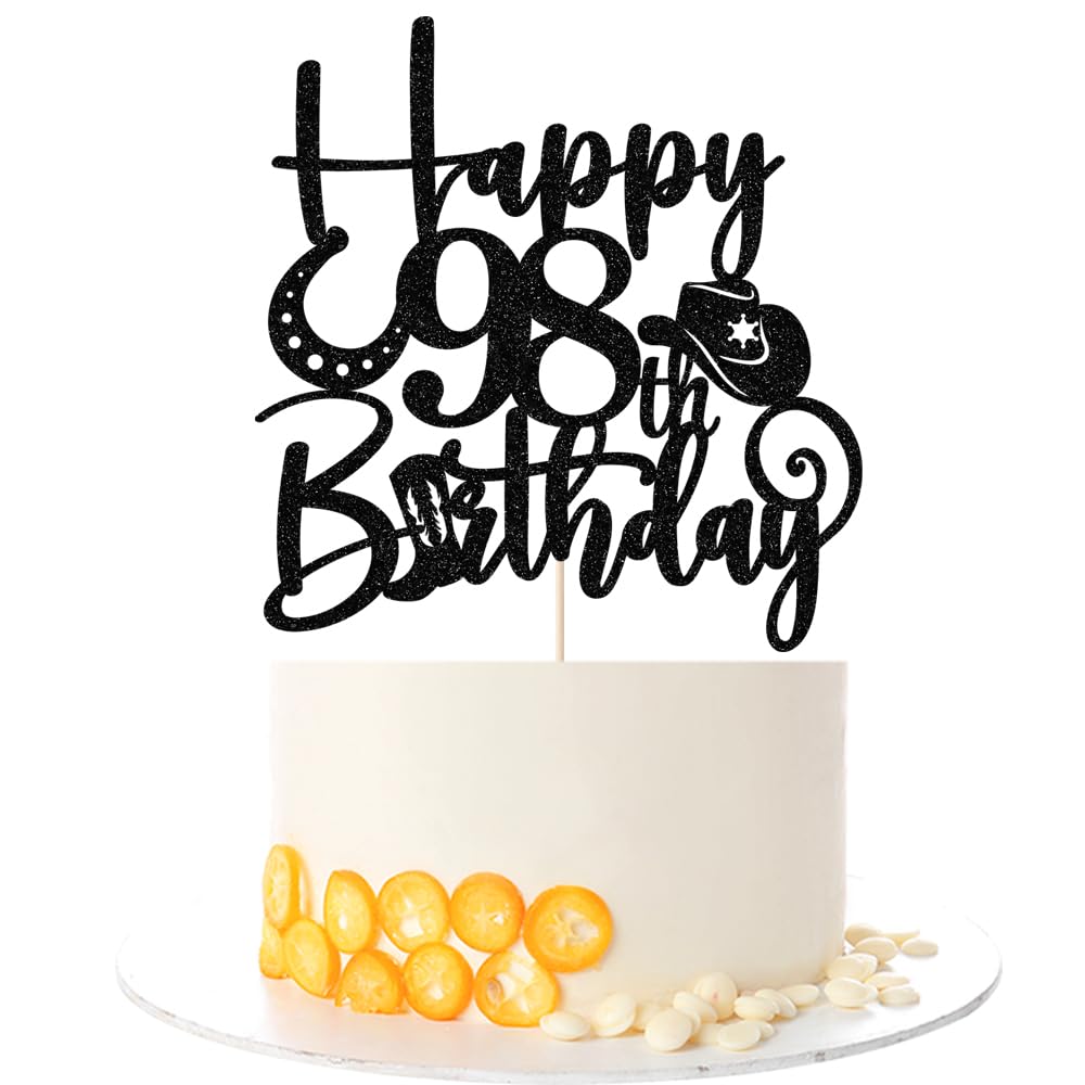 Kaoenla Glitter Black "Happy 98th Birthday" Cowboy Themed Cake Topper - Western Style Party Decoration for 10th Birthday & anniversary photo props Celebration — image 1