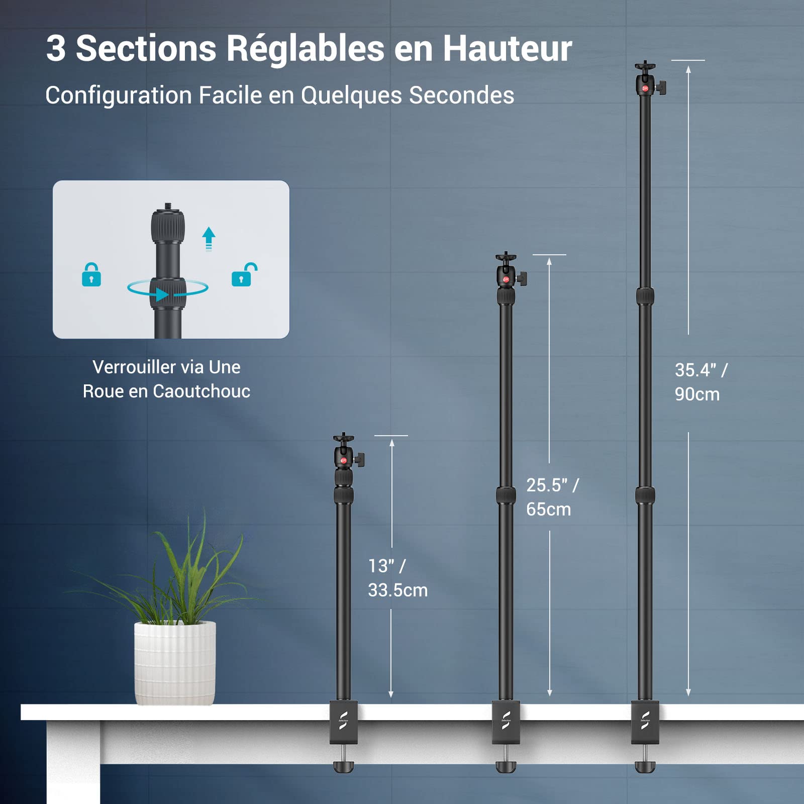 SMALLRIG Support de Table pour Appareil Photo Montage sur Bureau avec Rotule 1/4", Support d'Éclairage Réglable de 13'' à 35,4''(33cm-90cm), Pince de Table en C - 3488