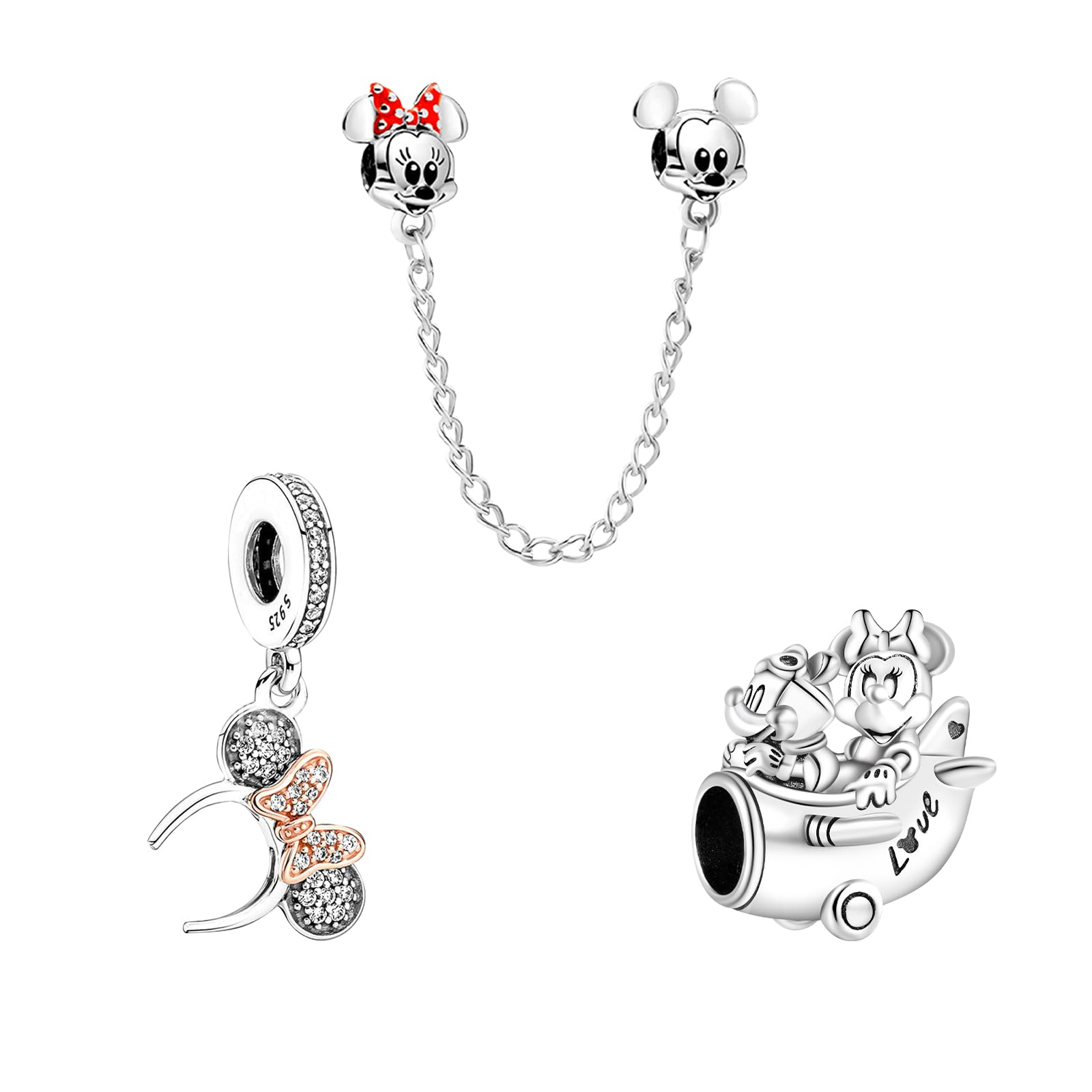 Doyafer 925 colgante de encanto de pulsera de plata esterlina, juego de tres piezas de cadena de Seguridad de cuentas de ratón